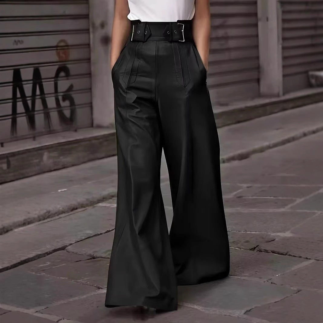 Women’s PU Leather Pants – High Waisted – Wide Leg – Belted – Side Pockets