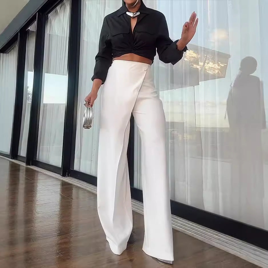 Women’s Two-Piece Set – Satin Crop Top with Tie Front – High-Waist Wide-Leg Pants