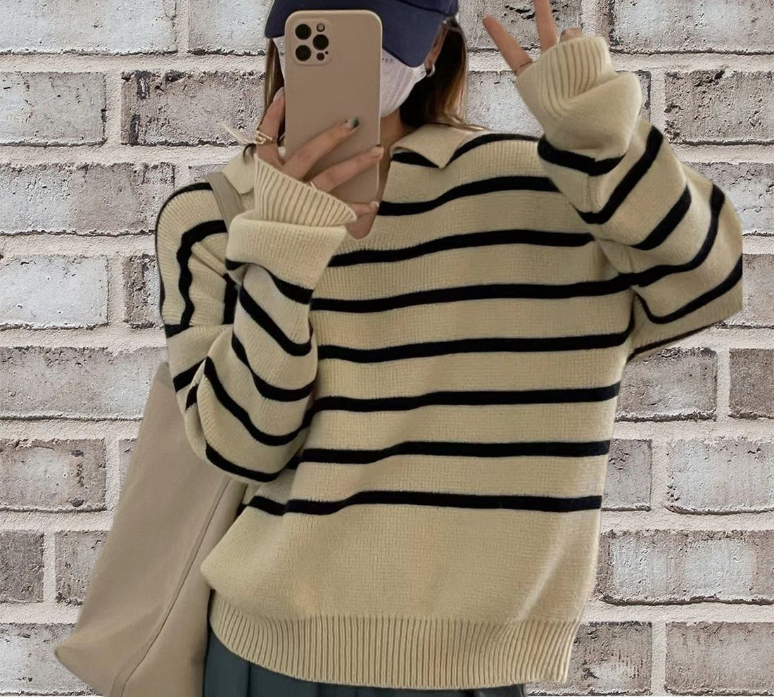 Women’s Pullover Sweater – Relaxed Fit – Wool Blend Knit – V-Neck Striped – Long Sleeve