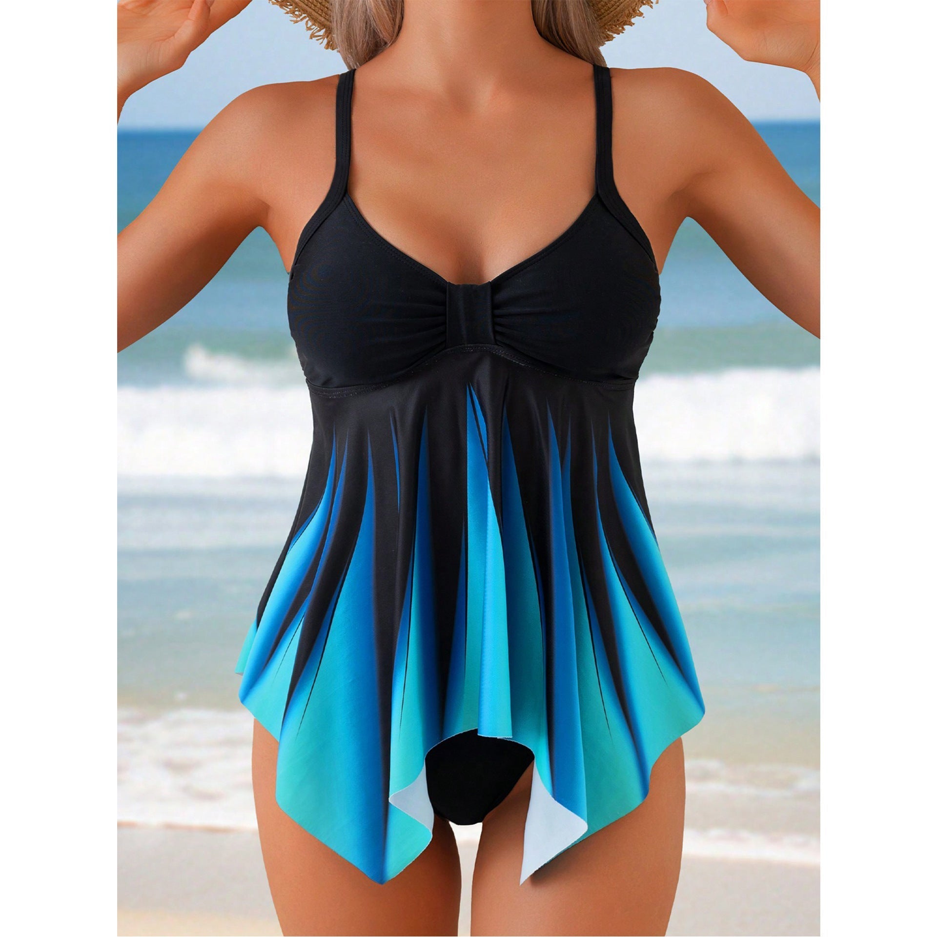 Women’s Tankini Top – Flowing Fit – V-Neck – Ruched Bust – Asymmetrical Hem – Spaghetti Straps