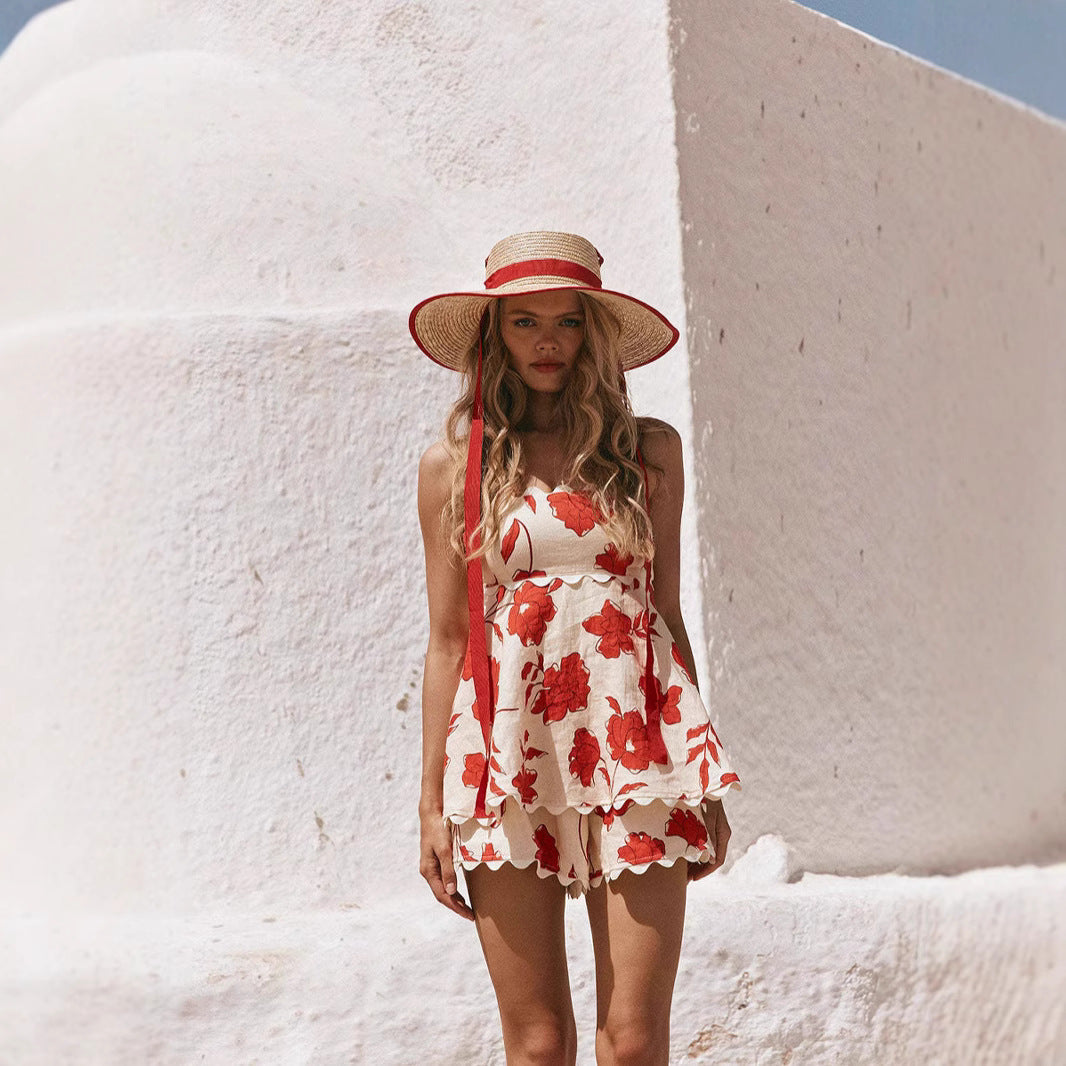 Women’s Two-Piece Set – Linen Fabric – Cropped Top and Shorts – Floral Lace Trim – Relaxed Fit