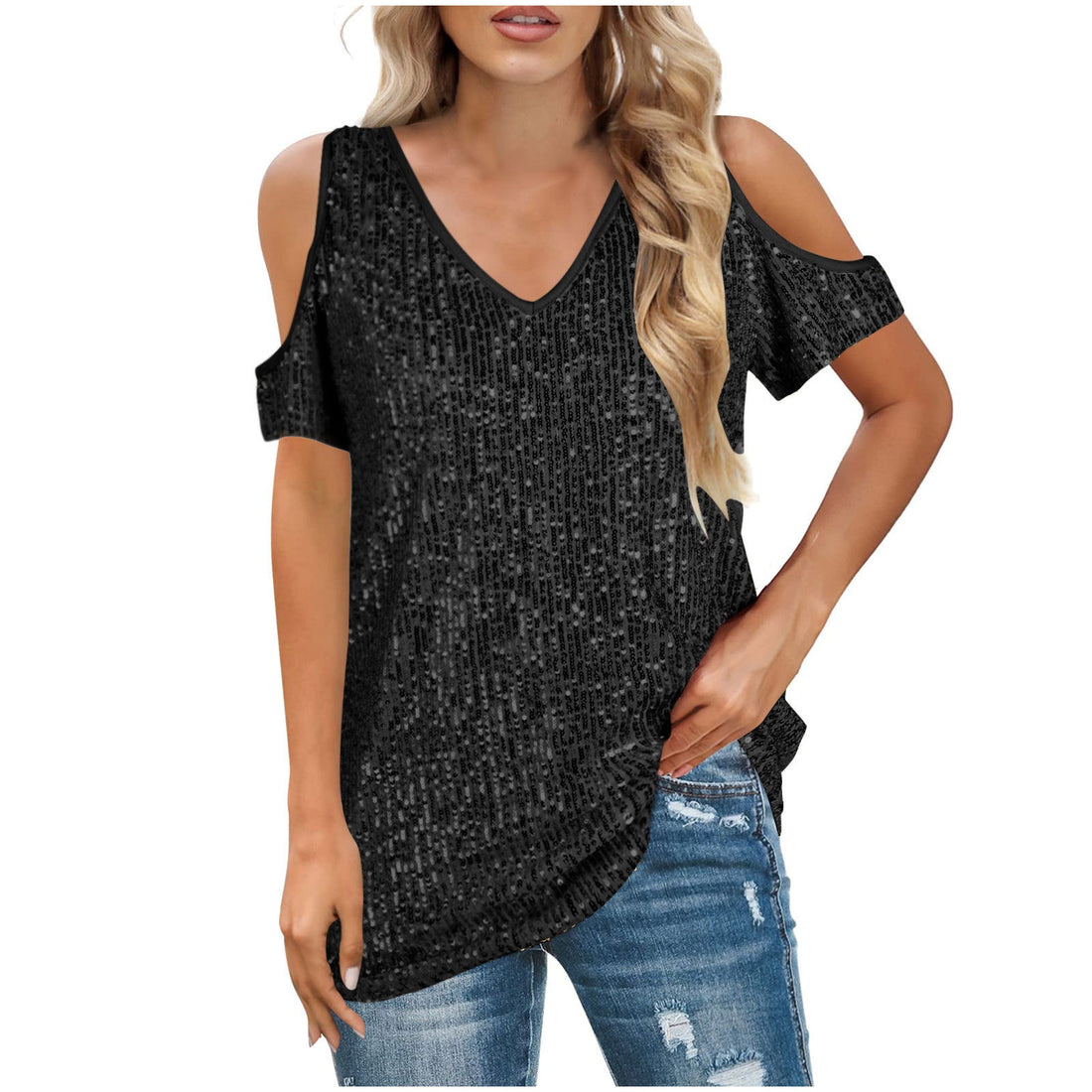 Women’s V-Neck Top – Relaxed Fit – Cold Shoulder – Sequin Front – Short Sleeve