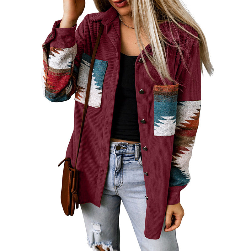 Women’s Cardigan Jacket – Corduroy Wool Blend – Aztec Pattern – Button-Up – Mid-Length