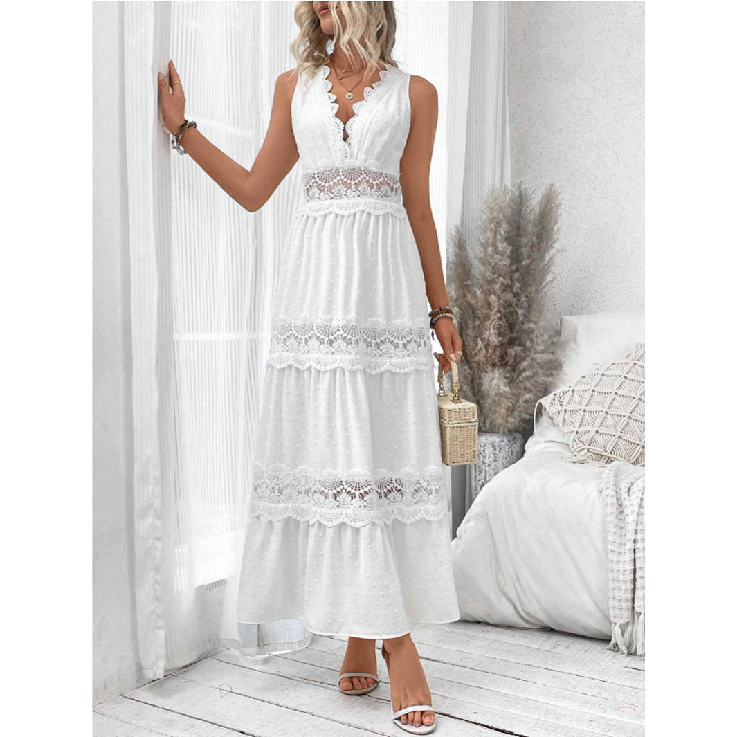 Women's Dress - Maxi Length - Sleeveless - Lace Panel - Boho Style