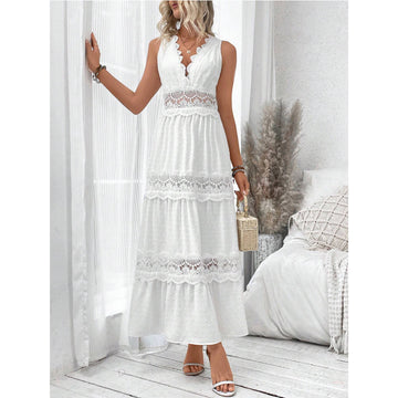 Women's Dress - Maxi Length - Sleeveless - Lace Panel - Boho Style