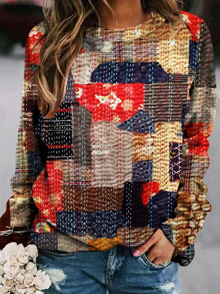 Women's patchwork print sweater for colorful cozy days