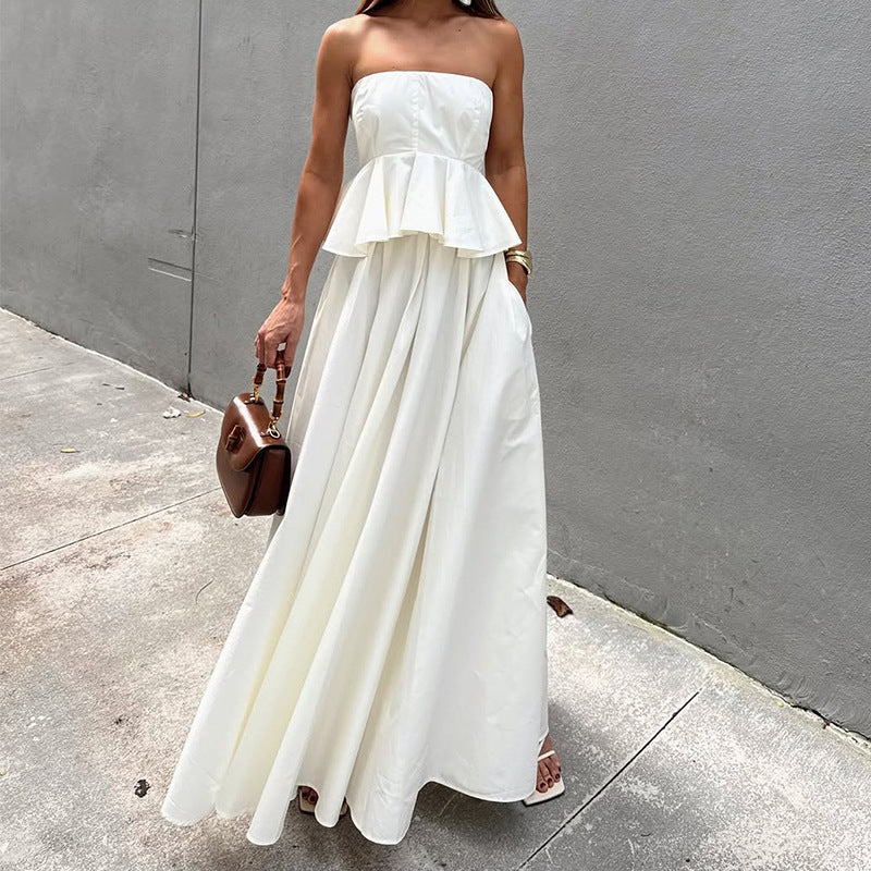 Women’s Maxi Dress – Strapless Fitted Bodice – Peplum Waist – Flowing A-Line Skirt