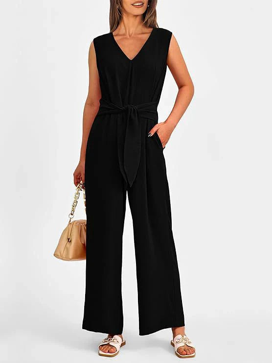 Women’s Jumpsuit – Wide Leg – V-Neck – Sleeveless – Waist Tie – Lightweight Fit