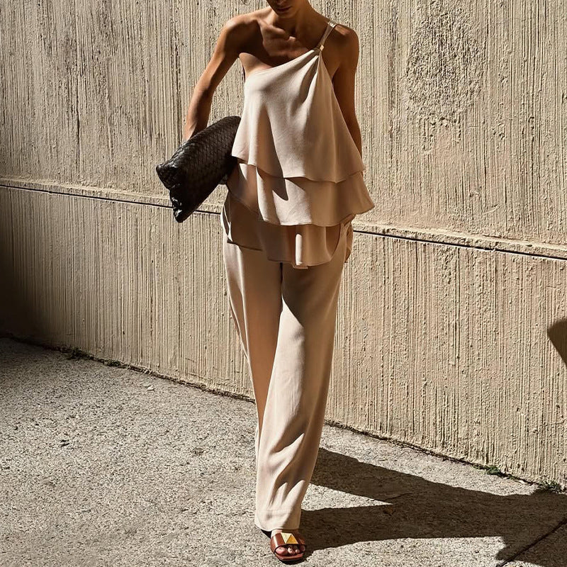 Women’s Two-Piece Set – Asymmetrical Ruffle Top – Wide-Leg Flowy Pants – Soft Fabric