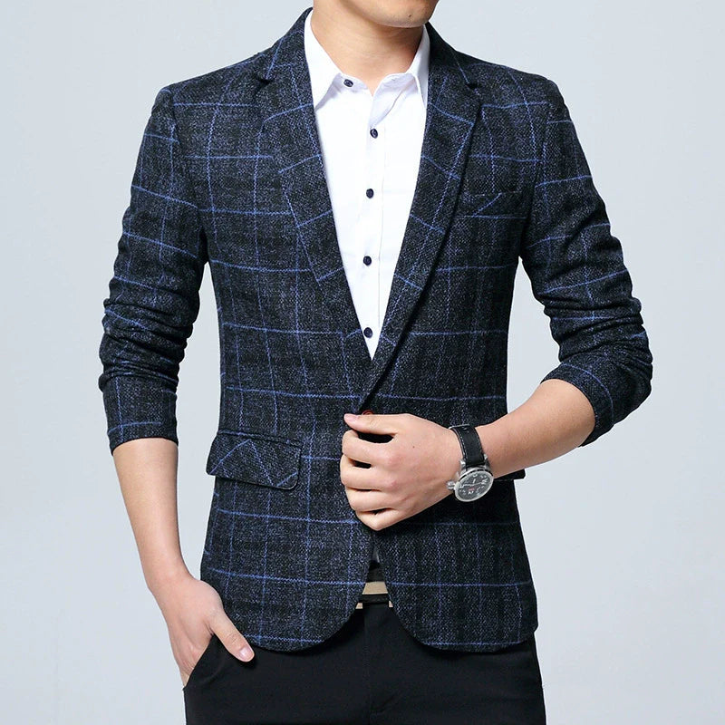 Men’s Blazer – Wool Blend – Modern Fit – Single-Breasted – Notch Lapel – Plaid Pattern