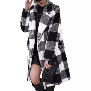 Women’s Long Jacket Coat – Oversized Fit – Sherpa Texture – Plaid Pattern – Lapel Collar