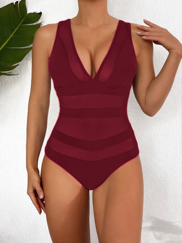 Women’s One-Piece Swimsuit – Deep V-Neck – Mesh Detail – Contour Fit – Sleek Finish