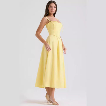 Women’s Midi Dress – Slim Fit Corset Bodice – Spaghetti Strap – Elegant A-Line