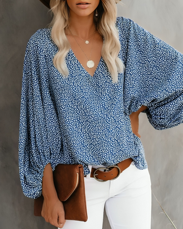 Women's casual V-neck printed shirt with lantern sleeves