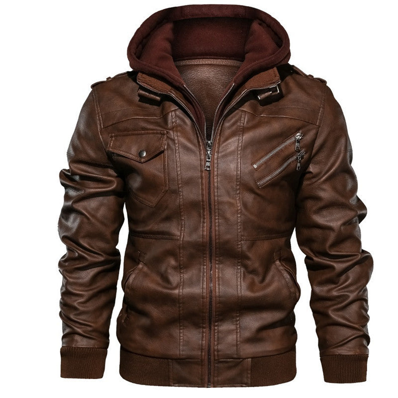 Men’s Jacket – Slim Fit – Faux Leather – Hooded Layer – Ribbed Cuffs – Zipper Detail