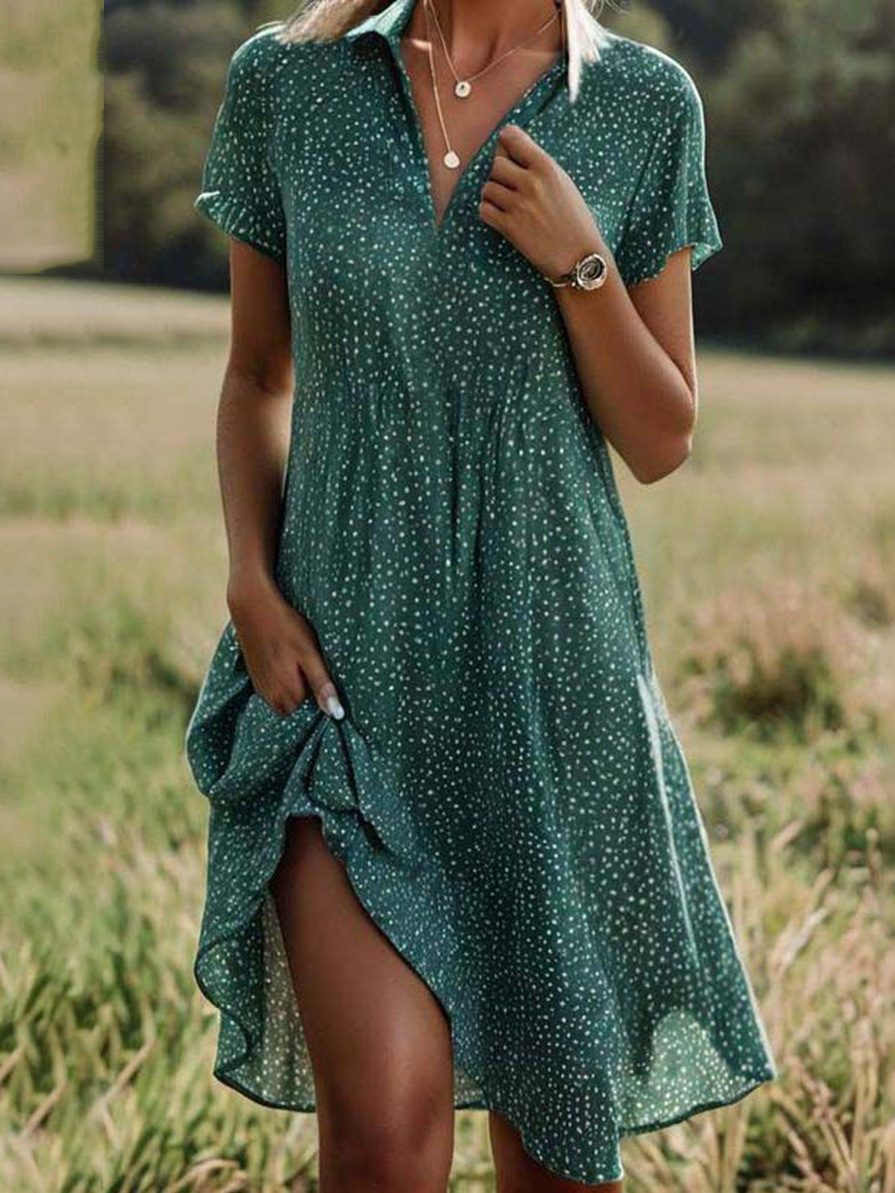 Zoe - polka dot short sleeves v neck midi dress