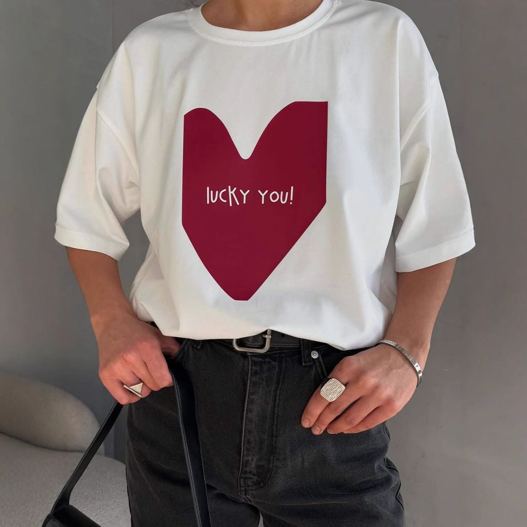 Women’s T-shirt – 100% Cotton – Oversized Fit – Graphic Heart Print – Crew Neck Casual Wear