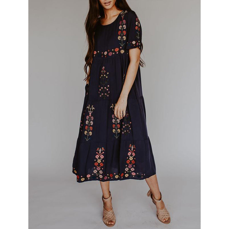 Women's Midi Dress - Floral Embroidered - Short Sleeve - Round Neck - Flowy Elegant Fit