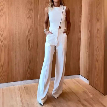 Women’s Two-Piece Set – Fitted Crop Top with Zipper – High Waist Wide-Leg Pants