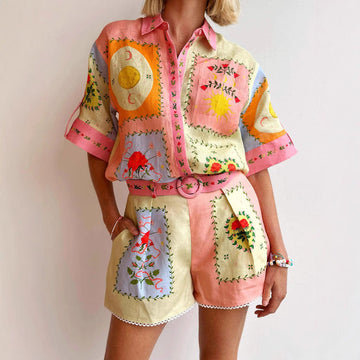Women’s Linen Shirt and Shorts Set – Relaxed Fit – Embroidered – Belted High Waist