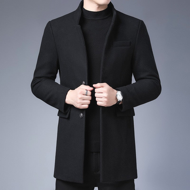 Men’s Mid-Length Coat – Slim Fit – Wool Blend – Stand Collar – Button-Up Formal Style