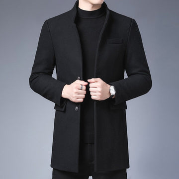 Men’s Mid-Length Coat – Slim Fit – Wool Blend – Stand Collar – Button-Up Formal Style