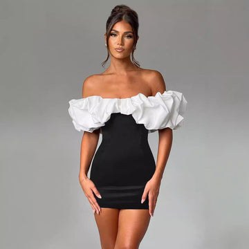 Women’s Mini Dress – Off Shoulder – Ruffled Neckline – Bodycon Slim Fit Party Wear