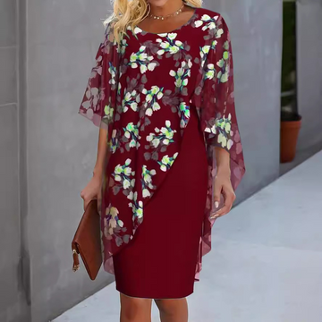 Women's Knee-Length Dress - Sheer Floral Overlay - Three-Quarter Sleeves - Elegant Fit