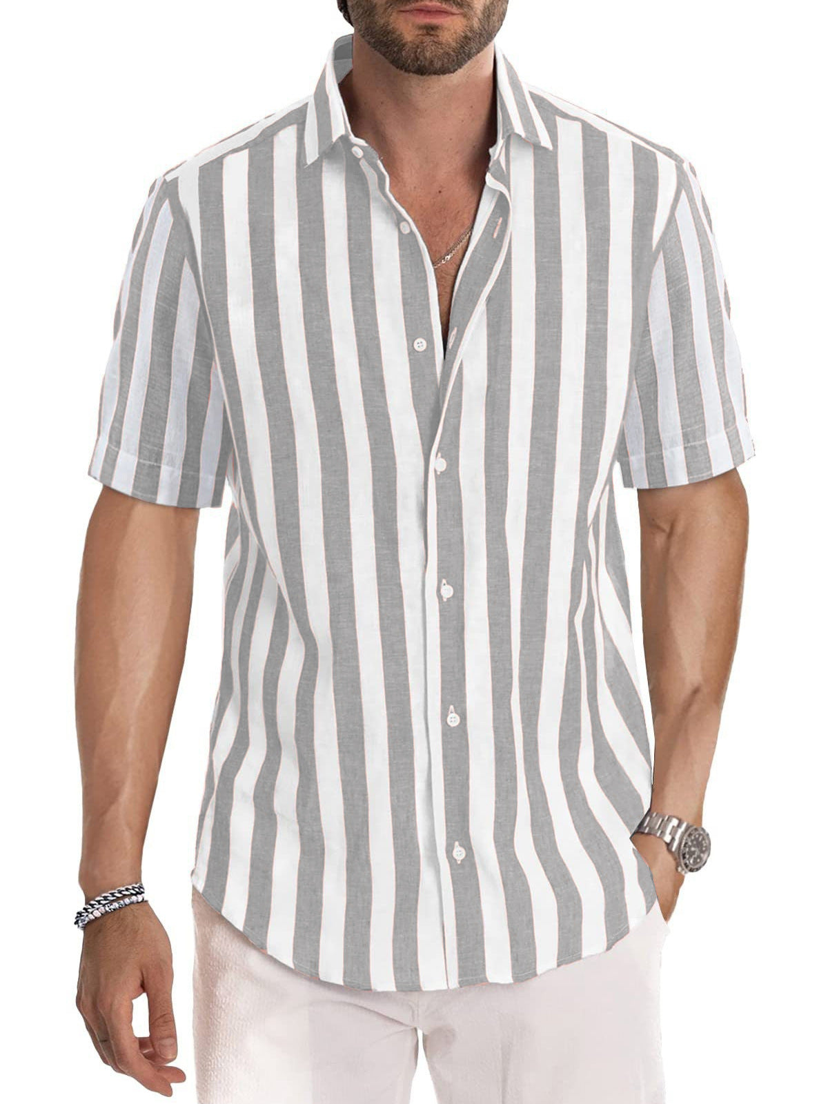 Men’s Button-Up Shirt – Relaxed Fit – Cotton – Short Sleeve Striped Casual Style