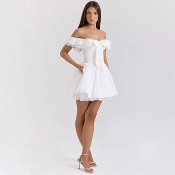 Women’s Off-Shoulder Dress – A-Line Fit – Ruffled Neckline – Lace Trim – Bow Front