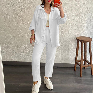 Women's Two-Piece Set - Button-Down Shirt and Relaxed Pants