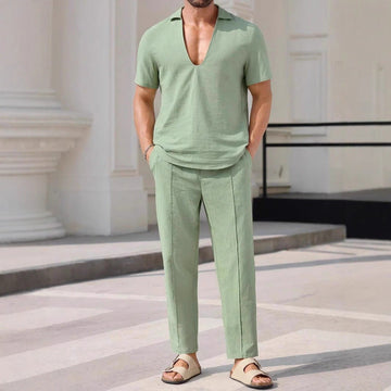 Men’s Two-Piece Set – Linen Blend – Relaxed Fit – Short Sleeve V-Neck Shirt & Pants