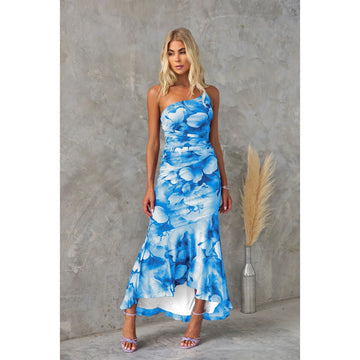 Charlotte - mesh floral print one shoulder ruched stretch maxi dress