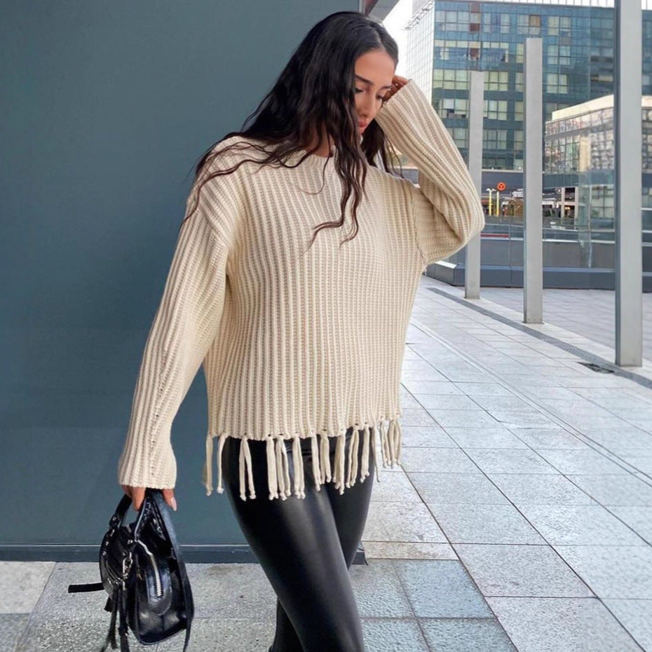 Women’s Pullover Sweater – Oversized Fit – Chunky Knit Wool – Ribbed Fringe Hem