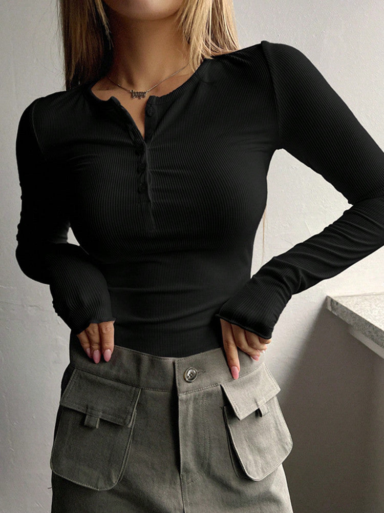 Women's ribbed button-down long sleeve top