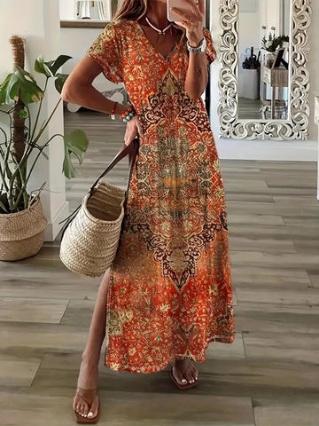 Victoria - orange boho printed casual dress