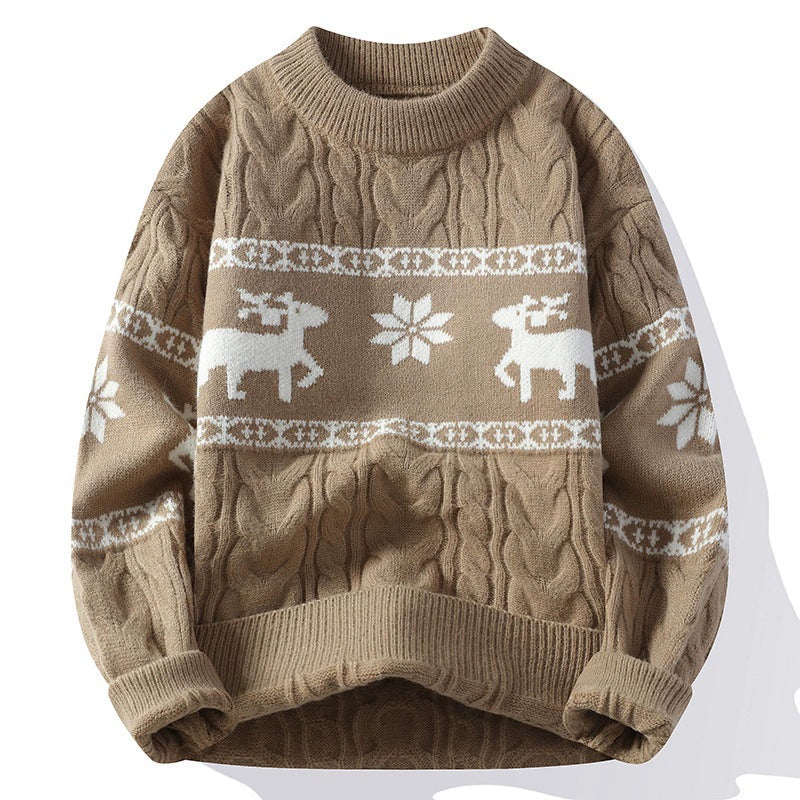Men’s Knitted Sweater – Wool Blend – Relaxed Fit – Cable Knit with Reindeer Design