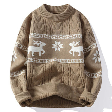 Men’s Knitted Sweater – Wool Blend – Relaxed Fit – Cable Knit with Reindeer Design