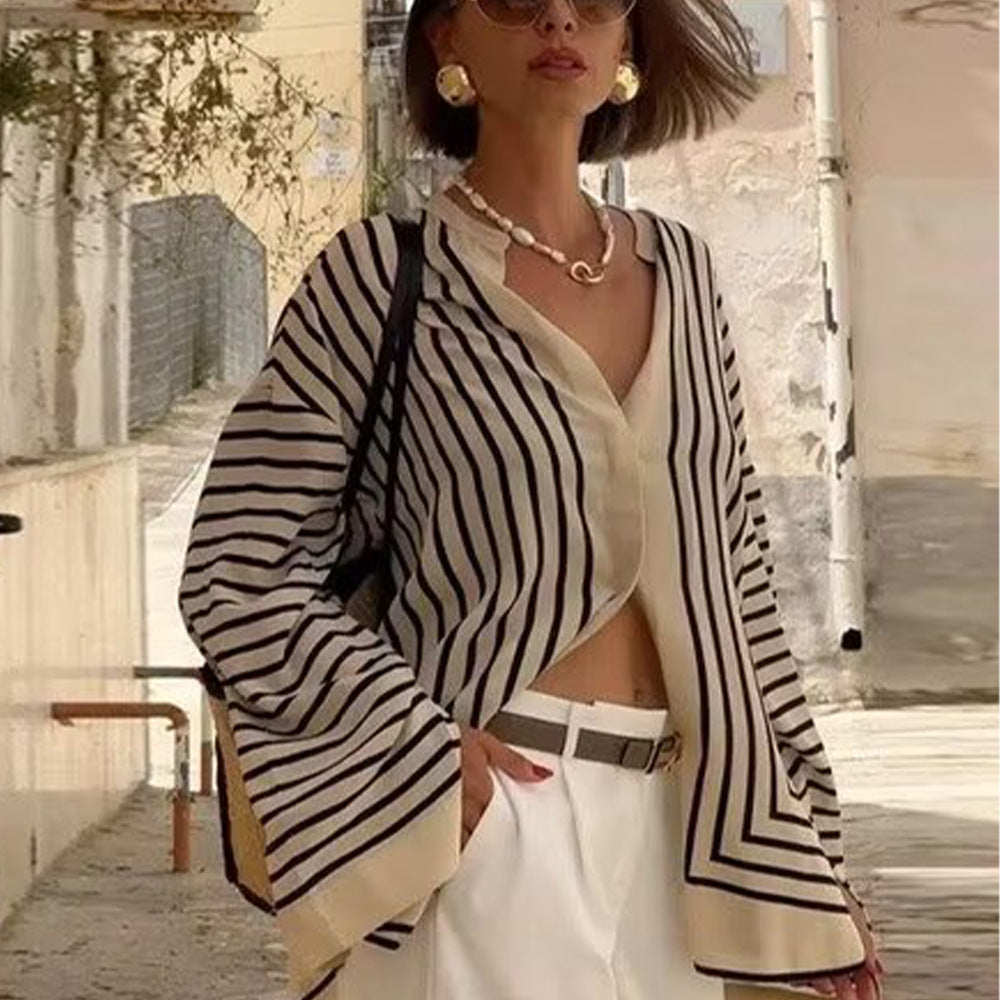 Women’s Long-Sleeve Shirt – Oversized Fit – Striped – Button-Up – Breathable Cotton