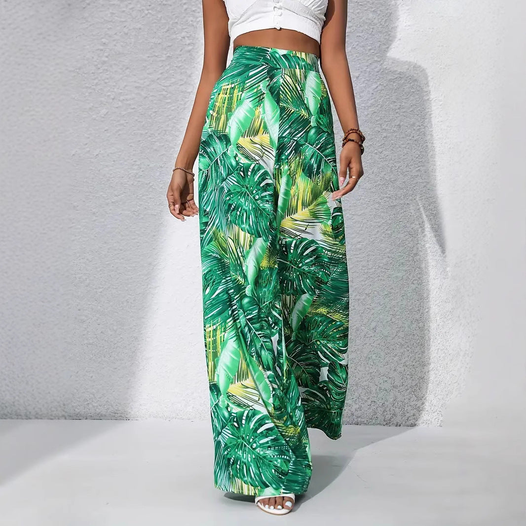 Women’s Wide-Leg Pants – High Waist – Lightweight Breathable Fabric – Floral Print