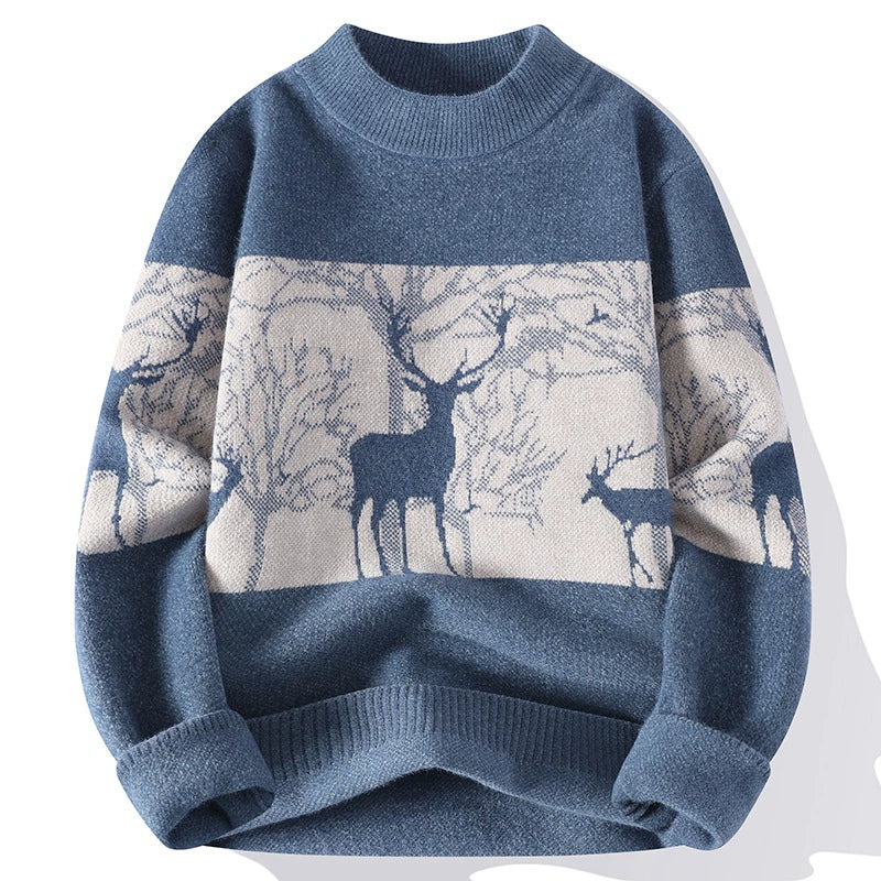 Men’s Pullover Sweater – Wool Knit – Loose Fit – Mock Neck – Deer Pattern – Ribbed Trim