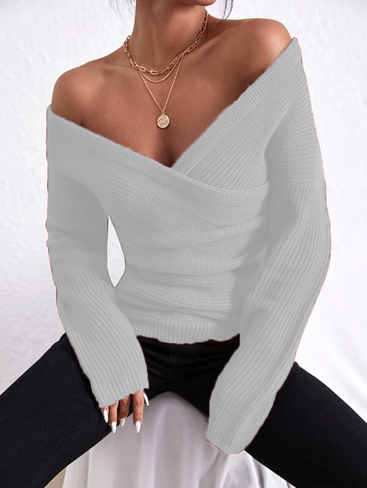 Women’s Sweater – Slim Fit – Ribbed Knit – Off-Shoulder Wrap V-Neck – Long Sleeve