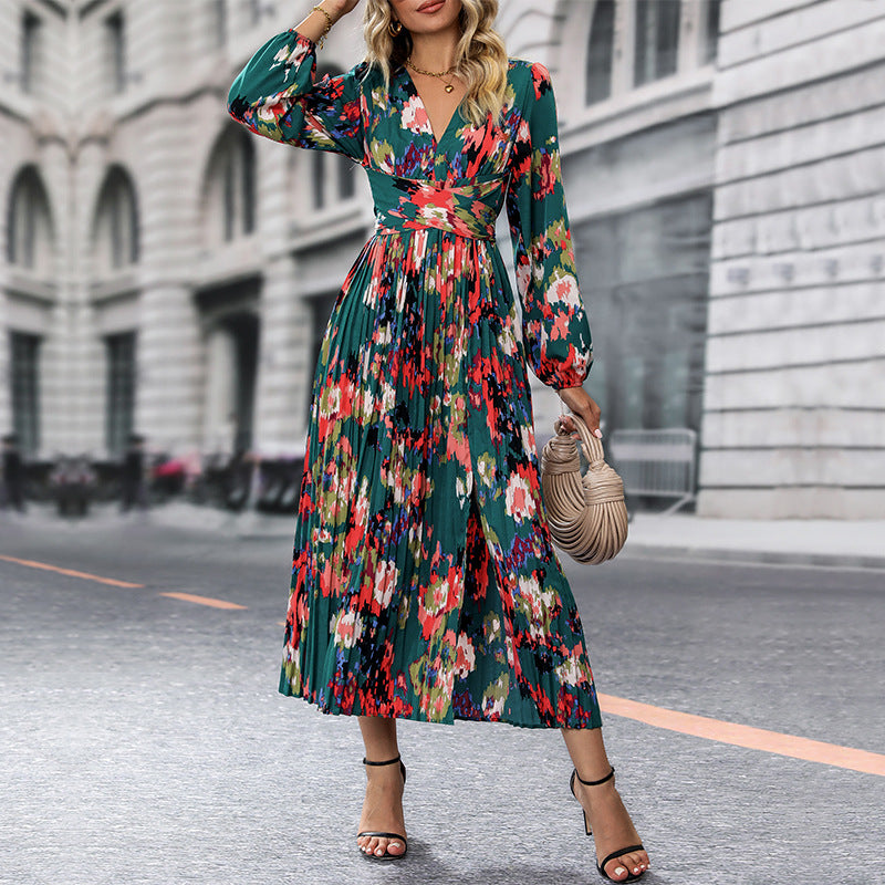 Women's Vibrant Floral Dress - Deep V Neck - Long Sleeve - High Slit