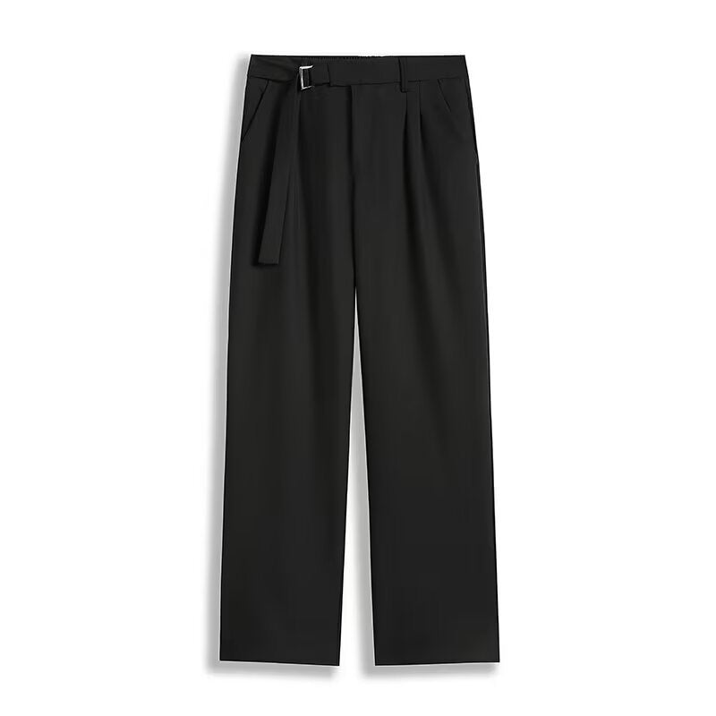 Unisex Straight-Leg Pants – Ice Silk Blend – Relaxed Fit – Belted Waist – Full Length