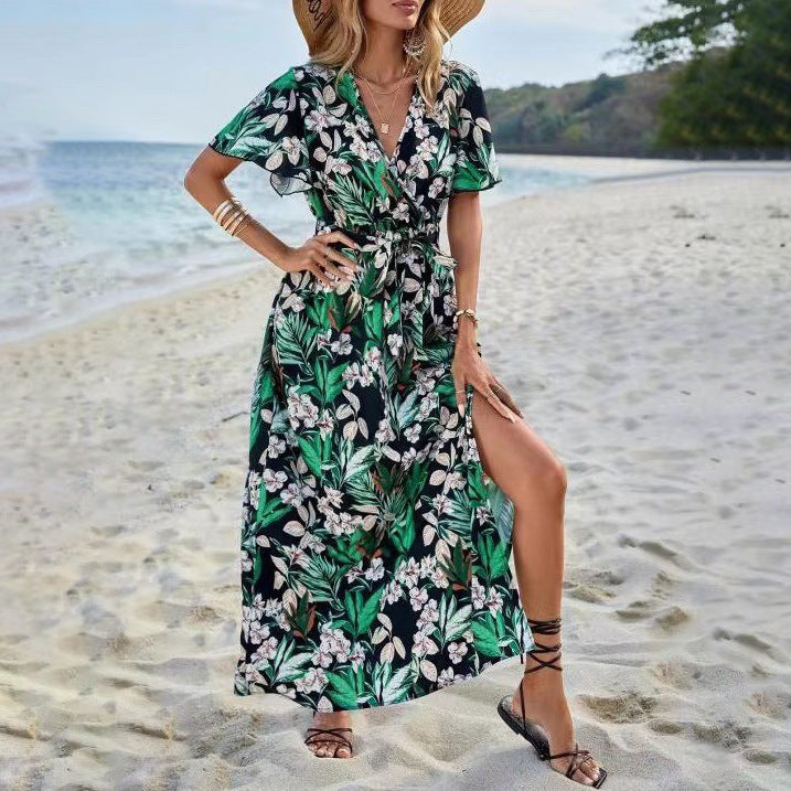 Women's Maxi Dress - Floral Print - V-Neck - Short Flutter Sleeves - Tie Waist Flowy Fit