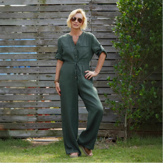 Women’s Jumpsuit – Relaxed Fit – Breathable Cotton Blend – V-Neck – Adjustable Waist