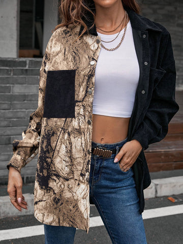 Women’s Mid-Length Shirt – Loose Fit – Lightweight – Printed – Button Front – Long Sleeve