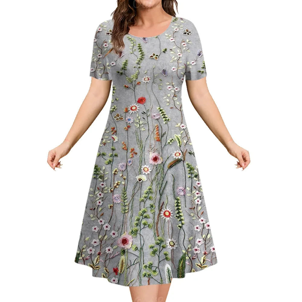 Women's A-Line Dress - Knee-Length - Short Sleeve - Embroidered Floral Pattern