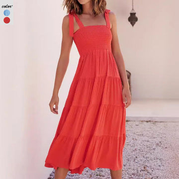 Women’s Midi Dress – Smocked Bodice – Adjustable Tie Straps – Tiered Flared Skirt