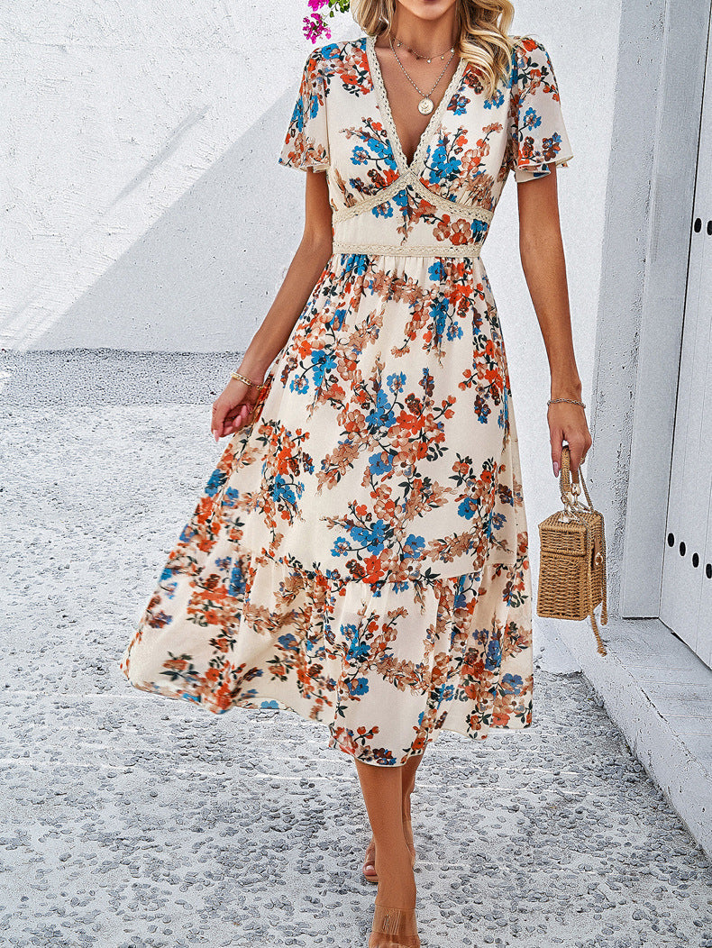 Women's Floral Midi Dress - V-Neck - Short Flutter Sleeves - Defined Waist - Flowy Fabric